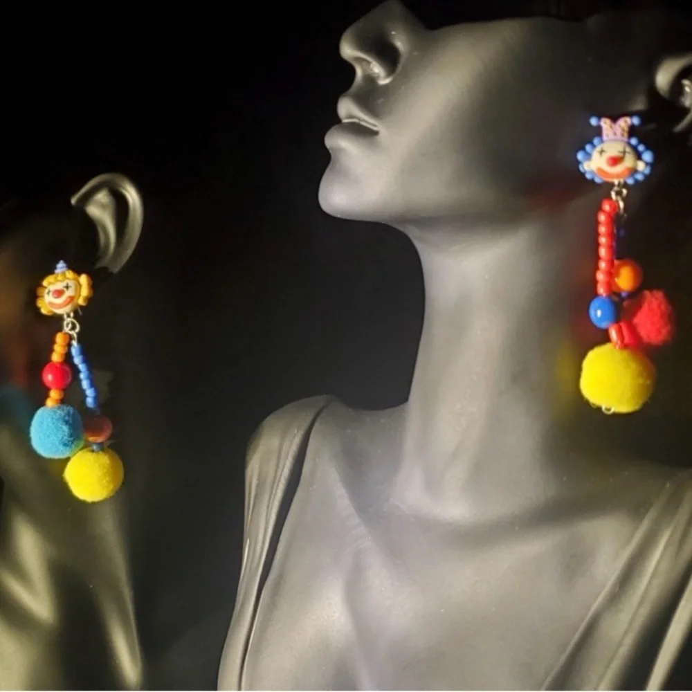 Colorful Pom Pom Clown Earrings - Picture 3 of 5